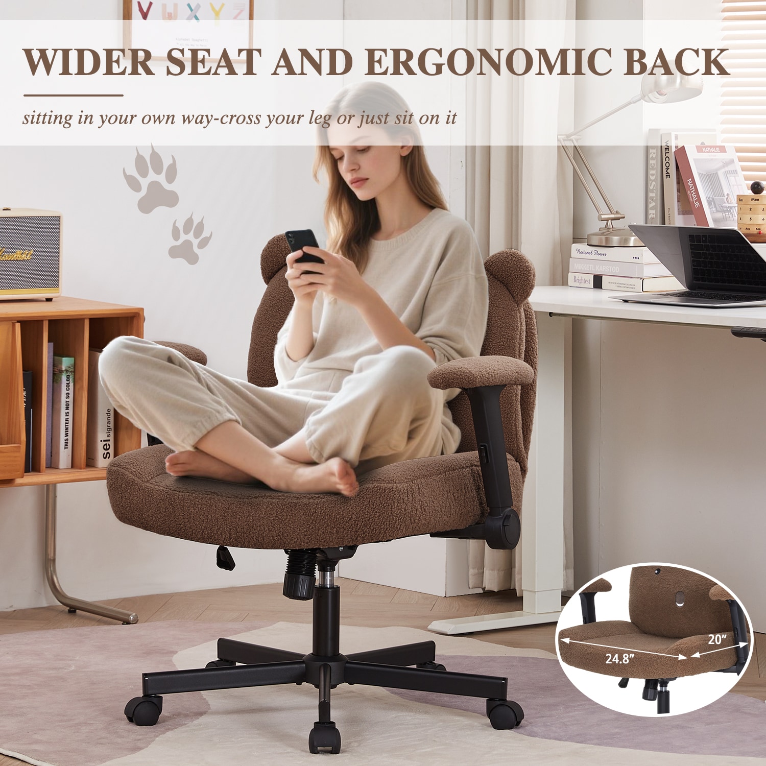 Cross Legged Office Chair With Wheels Adjustable Desk Chair Brown_voghion.com